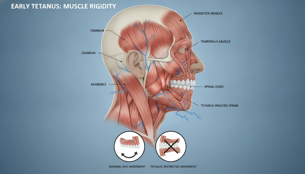 Understanding Tetanus Incubation Period and Disease Progression 3 Medical illustration of early tetanus symptoms focusing on jaw stiffness