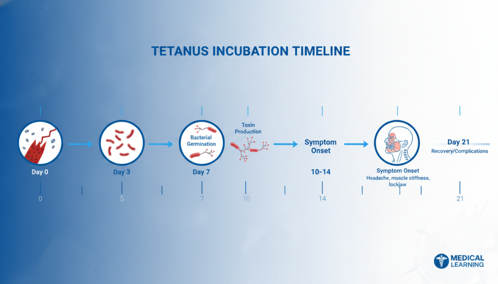 Medical illustration showing tetanus incubation period timeline