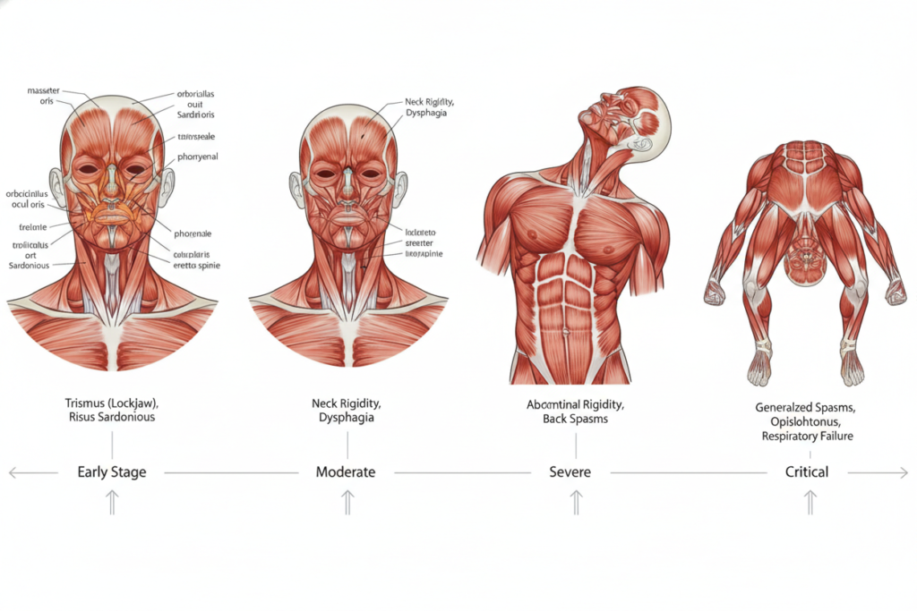 Understanding Tetanus Incubation Period and Disease Progression 4 Progressive stages of tetanus showing muscle involvement from face to body
