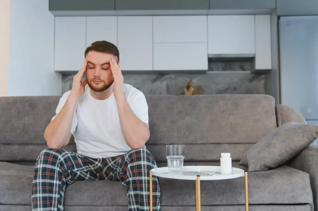 Man resting at home with an early headache