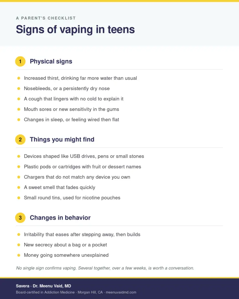 Checklist infographic showing signs of vaping in teens: physical signs including increased thirst, nosebleeds and a lingering cough; items you might find such as USB-shaped devices, flavored pods and unfamiliar chargers; and behavior changes including irritability, secrecy and unexplained spending.